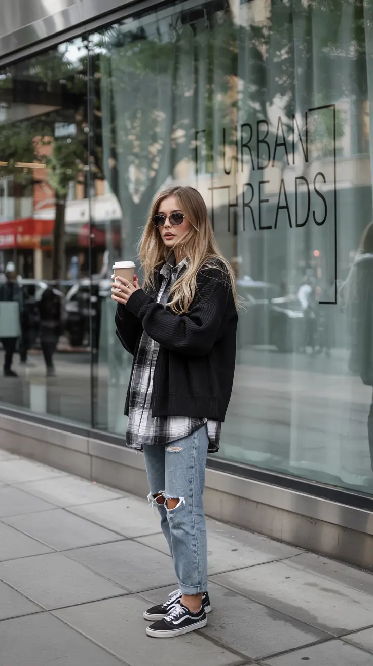 fall outfits ideas teen+Grunge-Lite Plaid with Ripped Denim = Coffee Date Classic