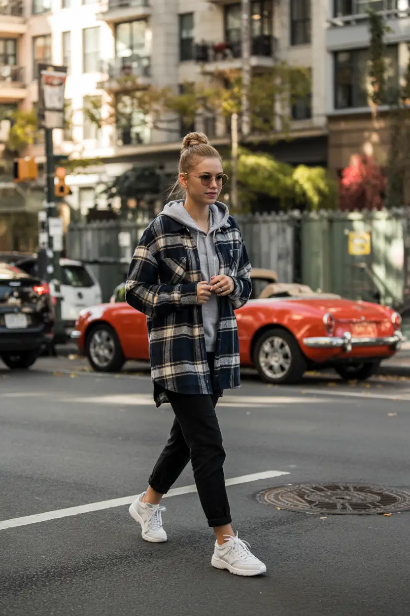 fall outfits ideas for school+Layered Plaid + Street Sneaks = A+ School Vibes