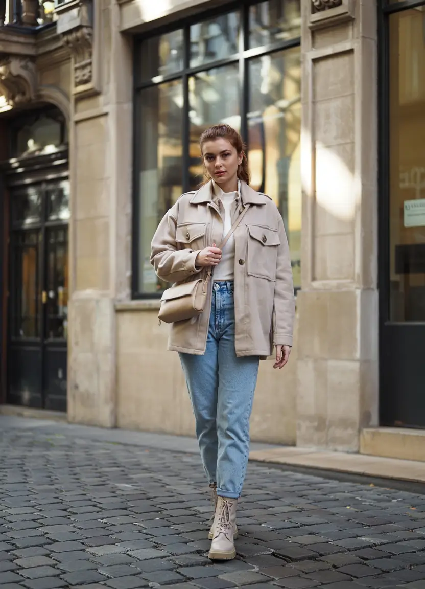 fall outfits ideas for 2025+Cream Utility Layers + Light Denim = Soft Urban Armor