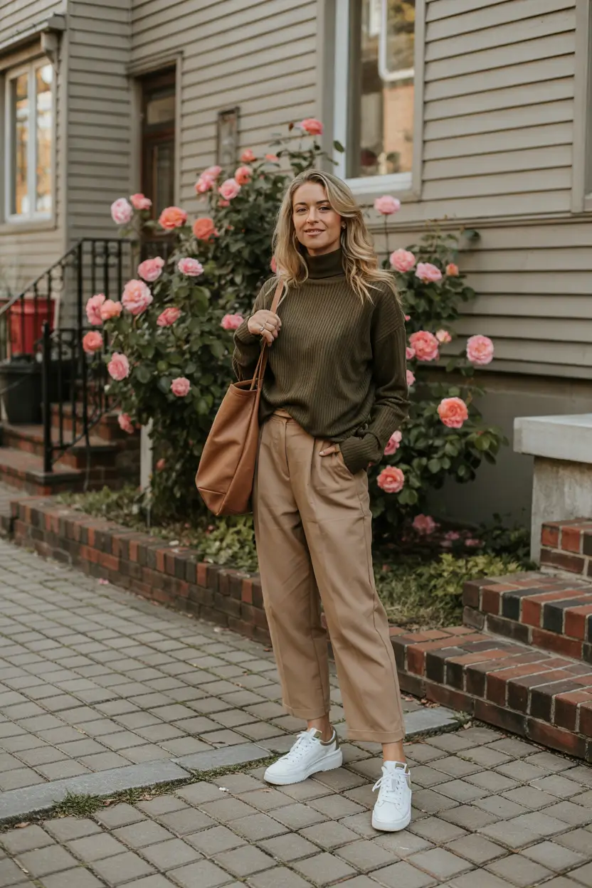 fall outfits ideas aesthetic+Olive Knit + Wide-Leg Khakis = Park Day Perfection