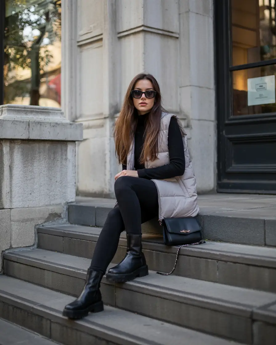 fall outfits ideas with black leggings+Puffer Vest + All-Black Base = Downtown Cozy