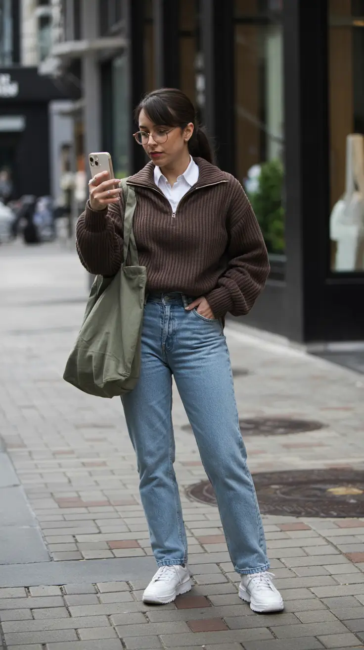 fall outfits ideas teen+Chunky Zip Sweater + Vintage Denim = Effortless Academic