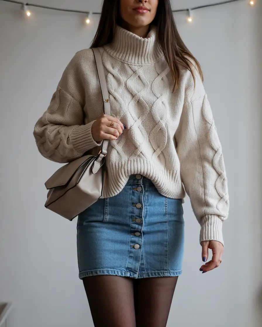 fall fashion trends women Cable Knits & Denim Skirts A Cozy Reboot