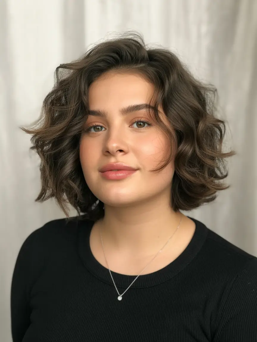fall haircuts 2025 medium round face textured curly bob with volume