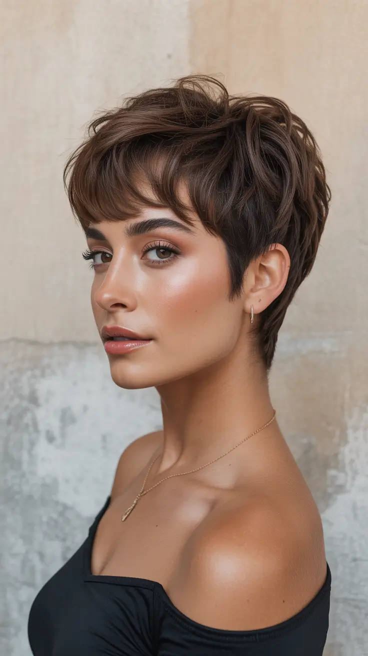 short pixie haircuts fall colors Romantic Pixie Layers for Dimensional Brunettes