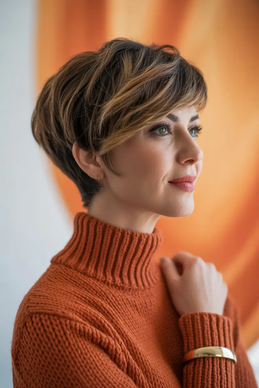 pixie haircut fall colors Warm Brunette Pixie with Caramel Ribbons