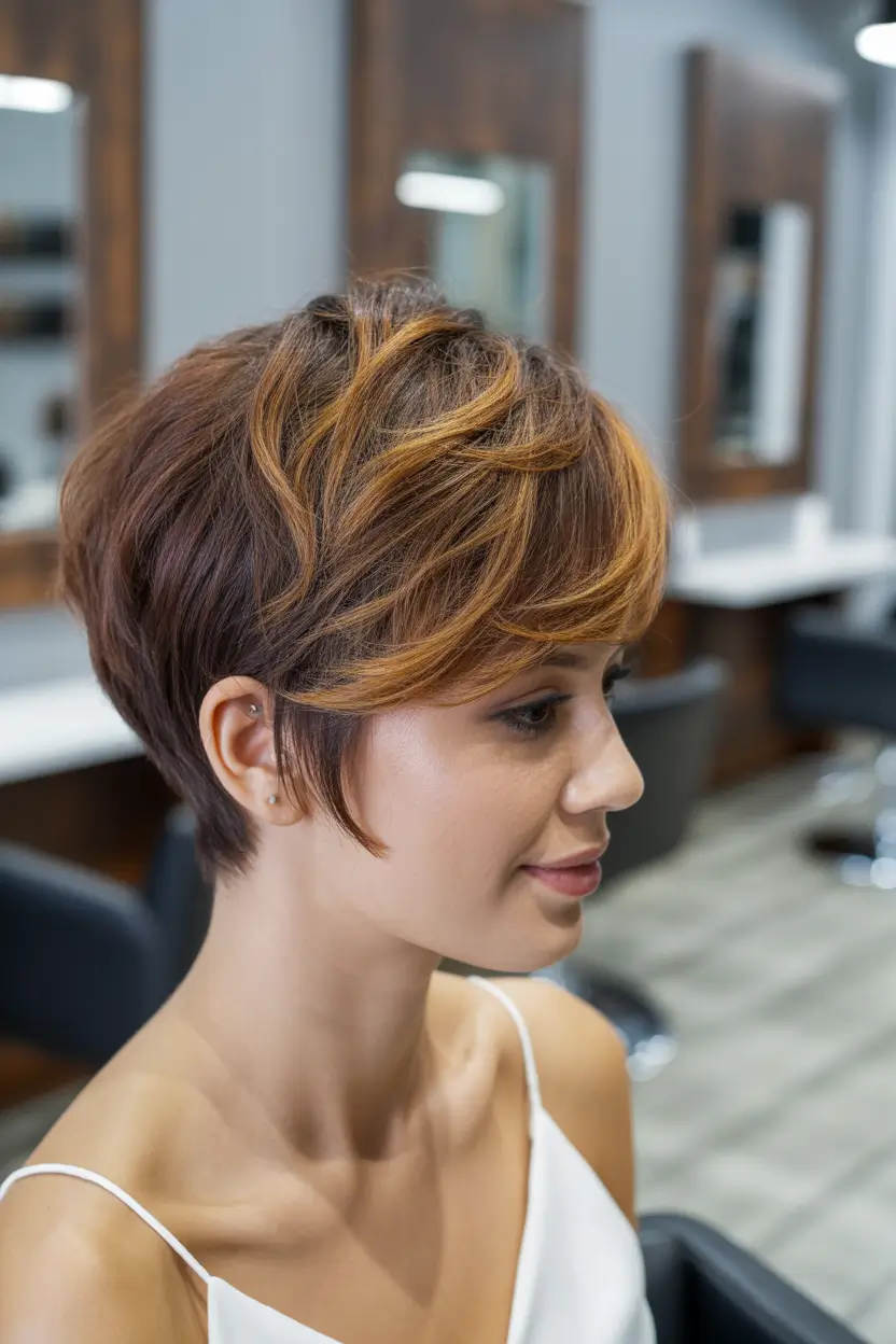 fall hair color ideas for pixie haircut Copper Kissed Layers with Pumpkin Spice Energy