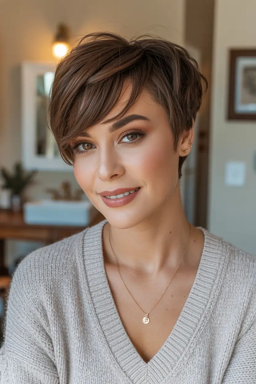 pixie haircut for fall colors Layered Mocha Pixie with Effortless Side Bangs