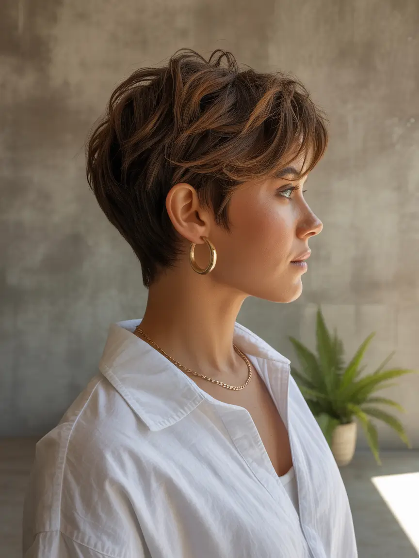 pixie haircut fall colors Chic Tousled Brunette with Honey Ribbons