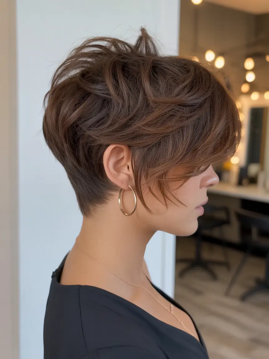 pixie haircut fall 2025 Voluminous Stacked Pixie with Rich Chocolate Layers