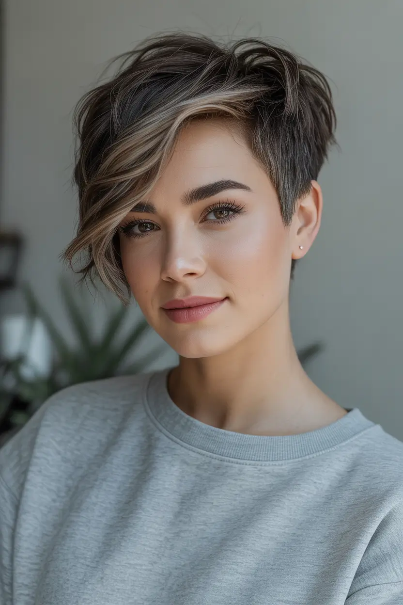 pixie haircut for fall 2025 Soft Brunette Sweep with Ash Blonde Highlights