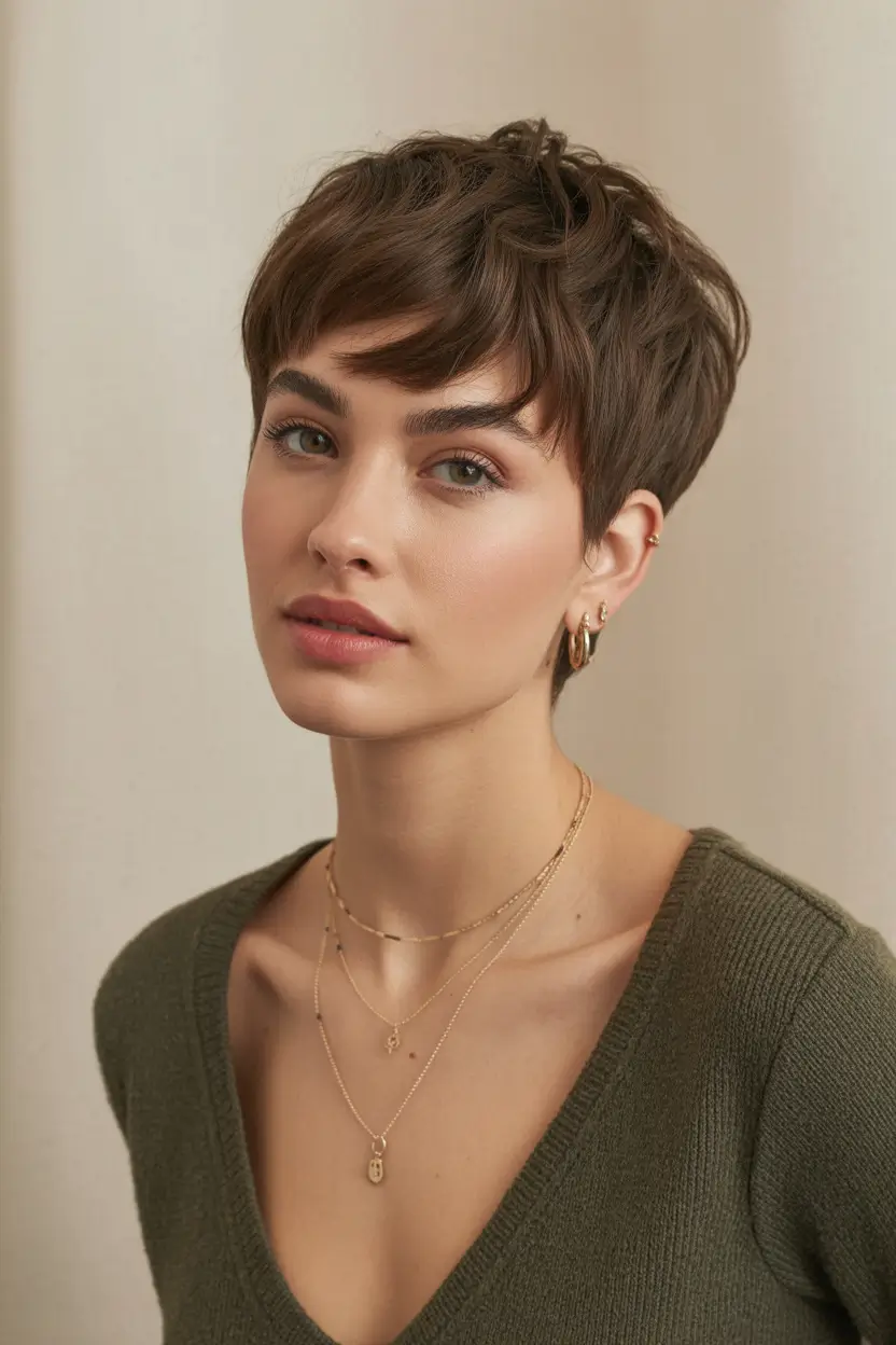 pixie haircut for fall Textured Cocoa Pixie with Wispy Fringe