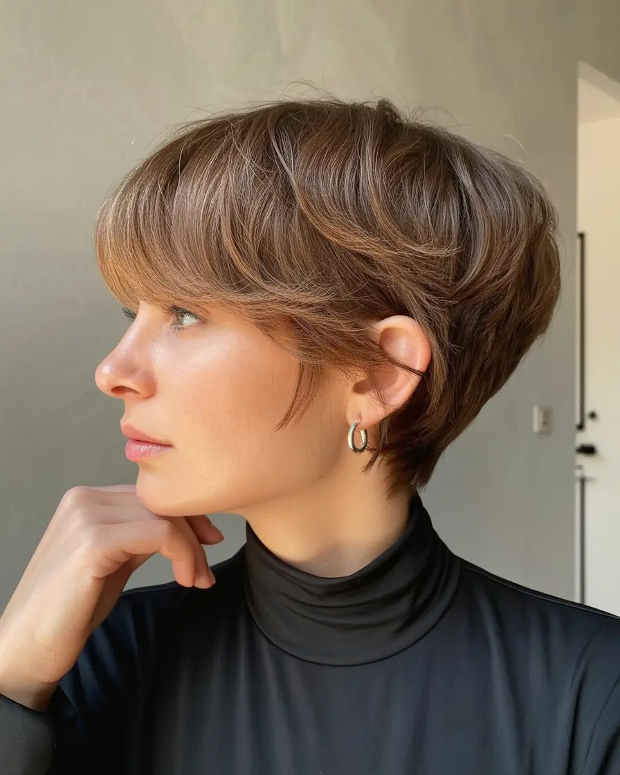 fall hair color for pixie haircut Vintage-Inspired Pixie with Soft Mushroom Tones