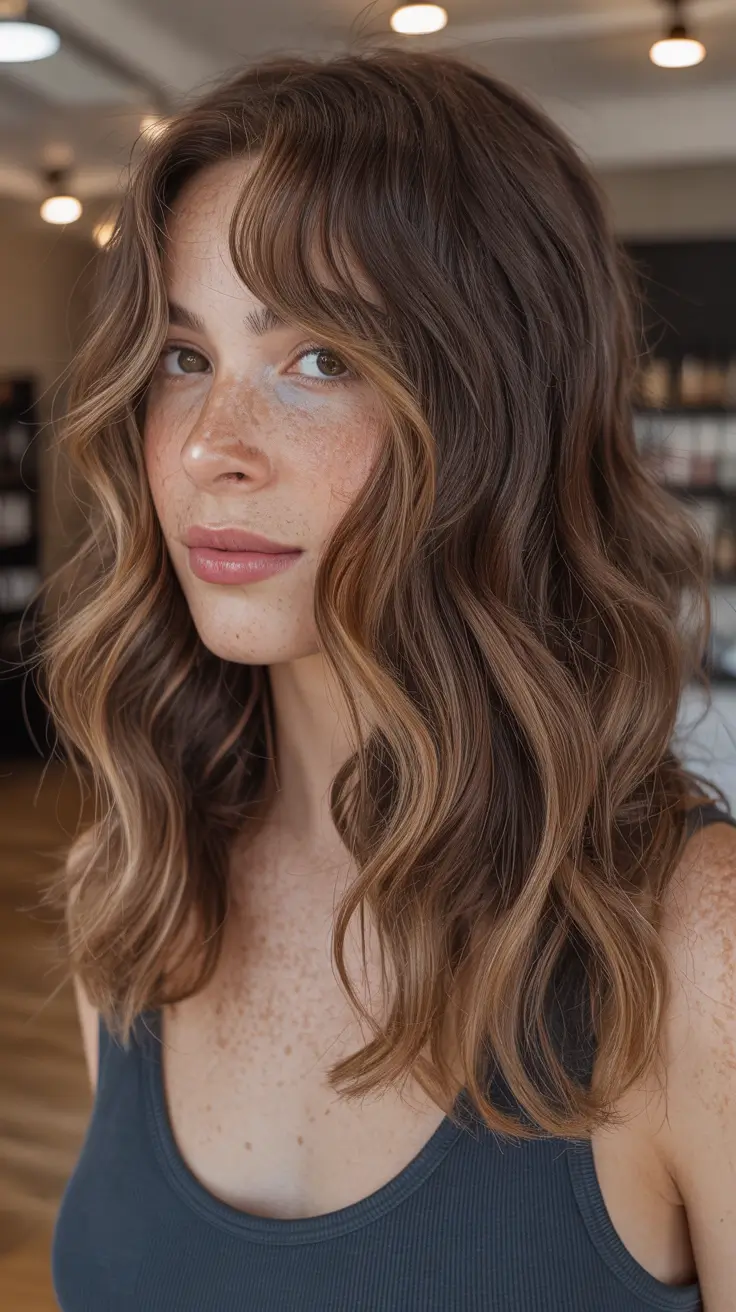 auburn hair colors Soft Auburn Brunette with Curtain Bangs