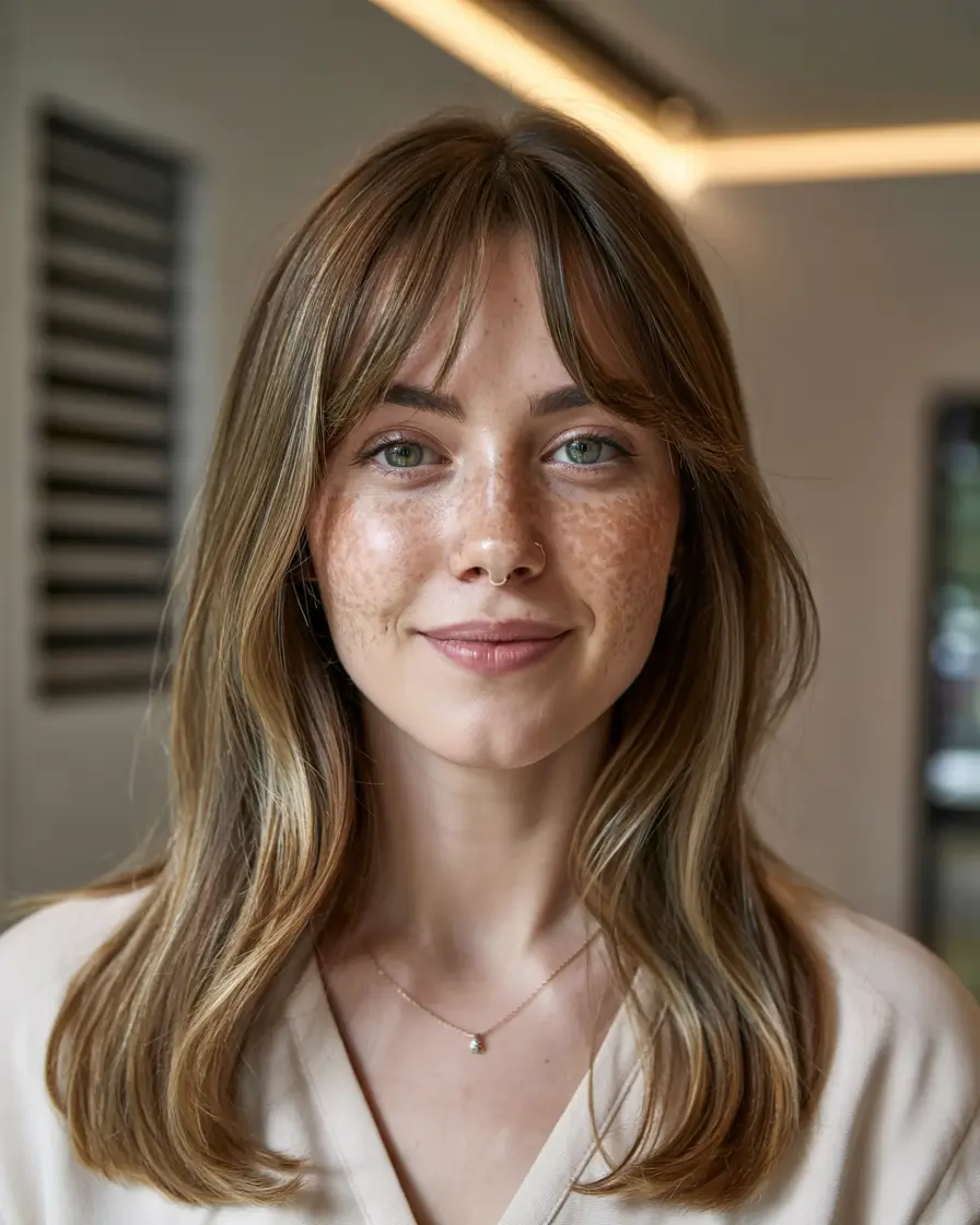 fall hair colors for warm skin tones Soft Brunette with Wispy Bangs