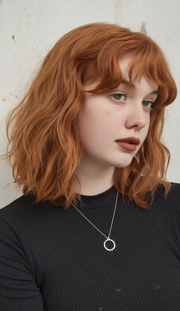 fall-haircuts-2025-medium-round-face-Soft-Copper-Waves-with-Breezy-Fringe