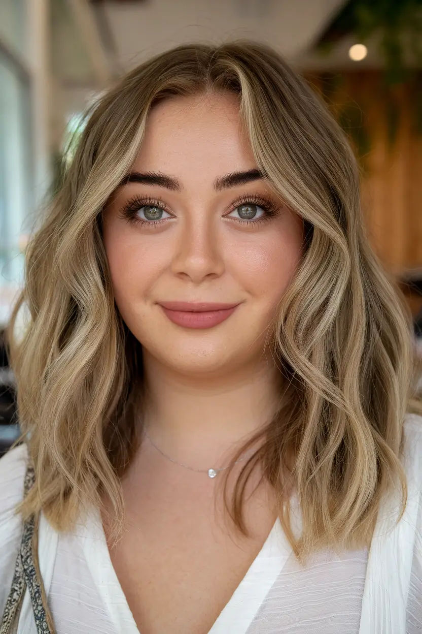 fall 2025 haircut round face Beachy Waves with Soft Blonde Balayage