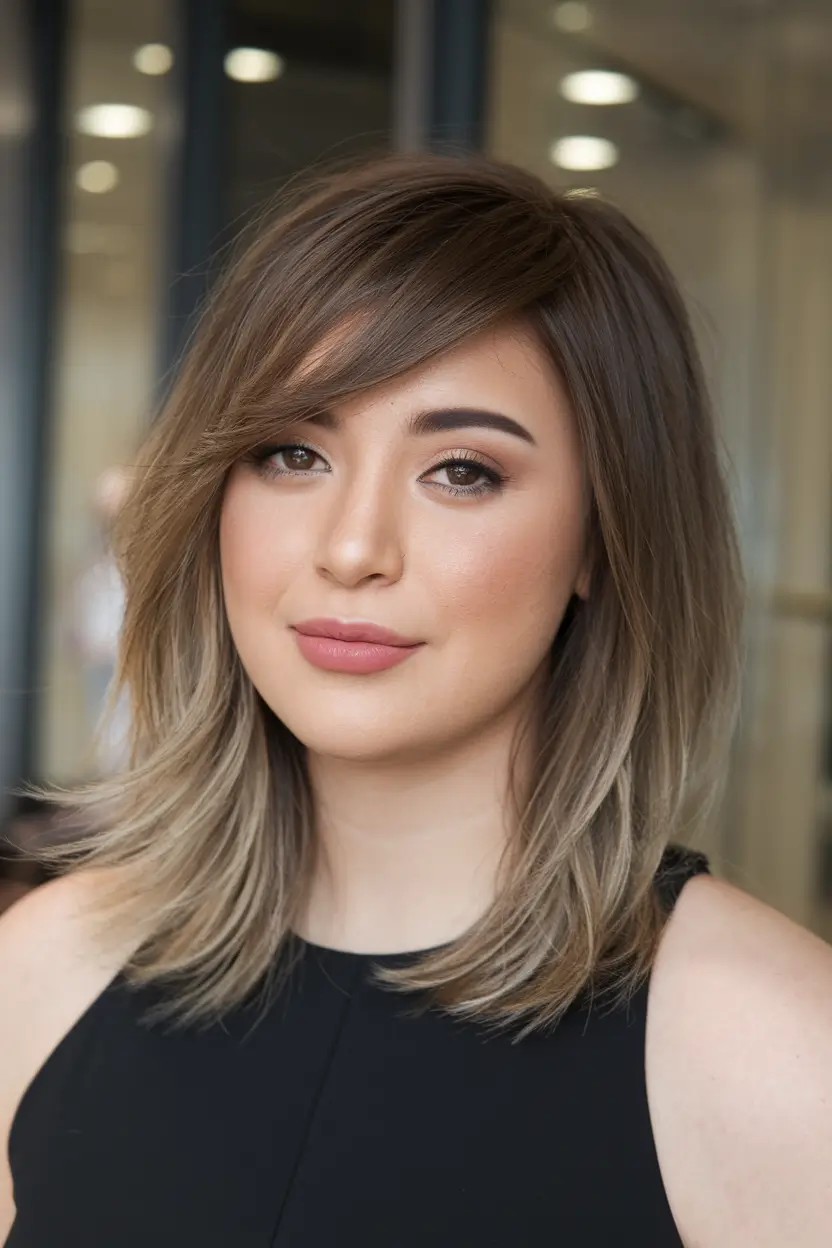 round face haircuts fall 2025 Side-Parted Lob with Dimensional Color