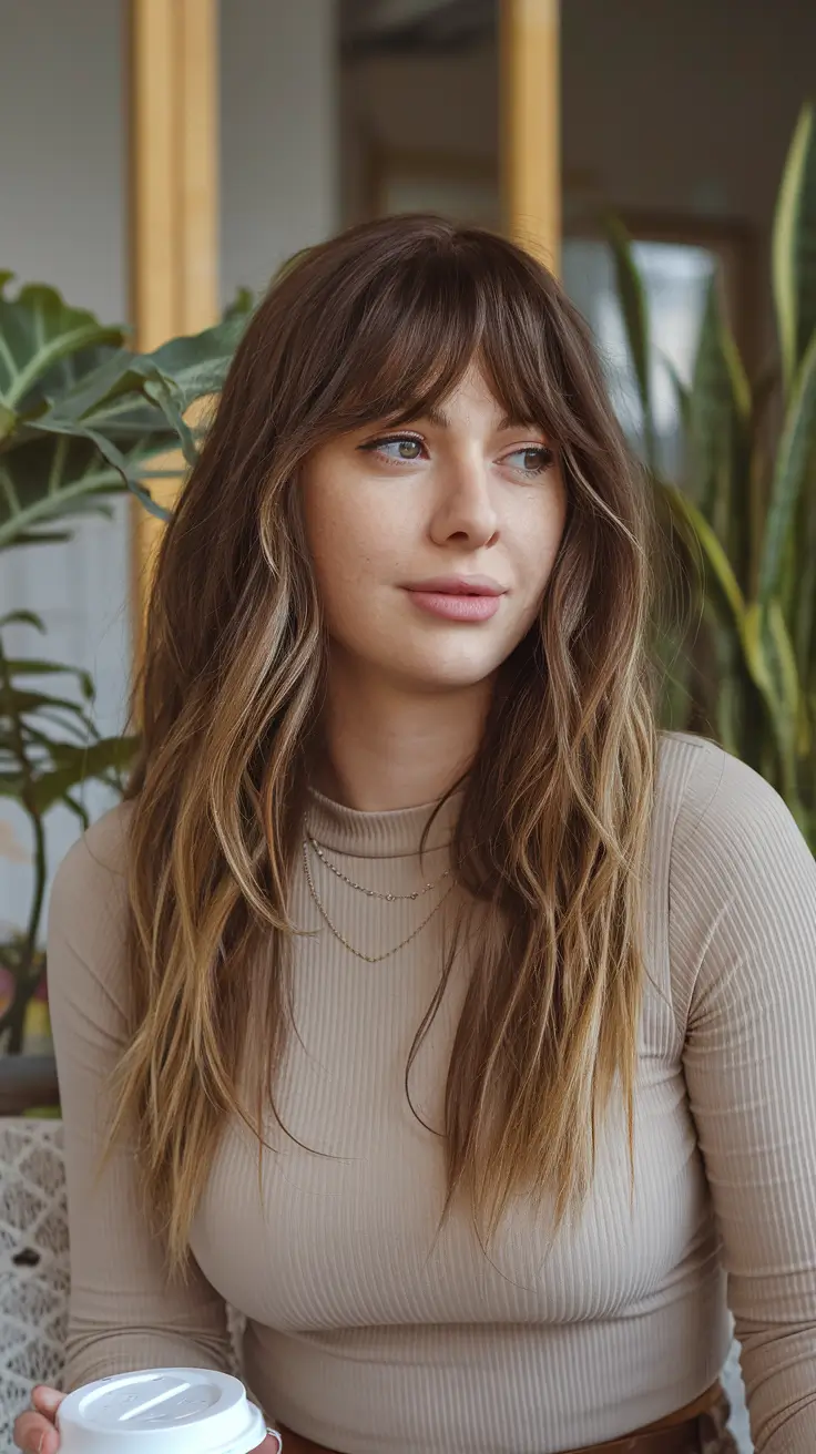fall haircuts 2025 long round face Long Shag with Curtain Bangs