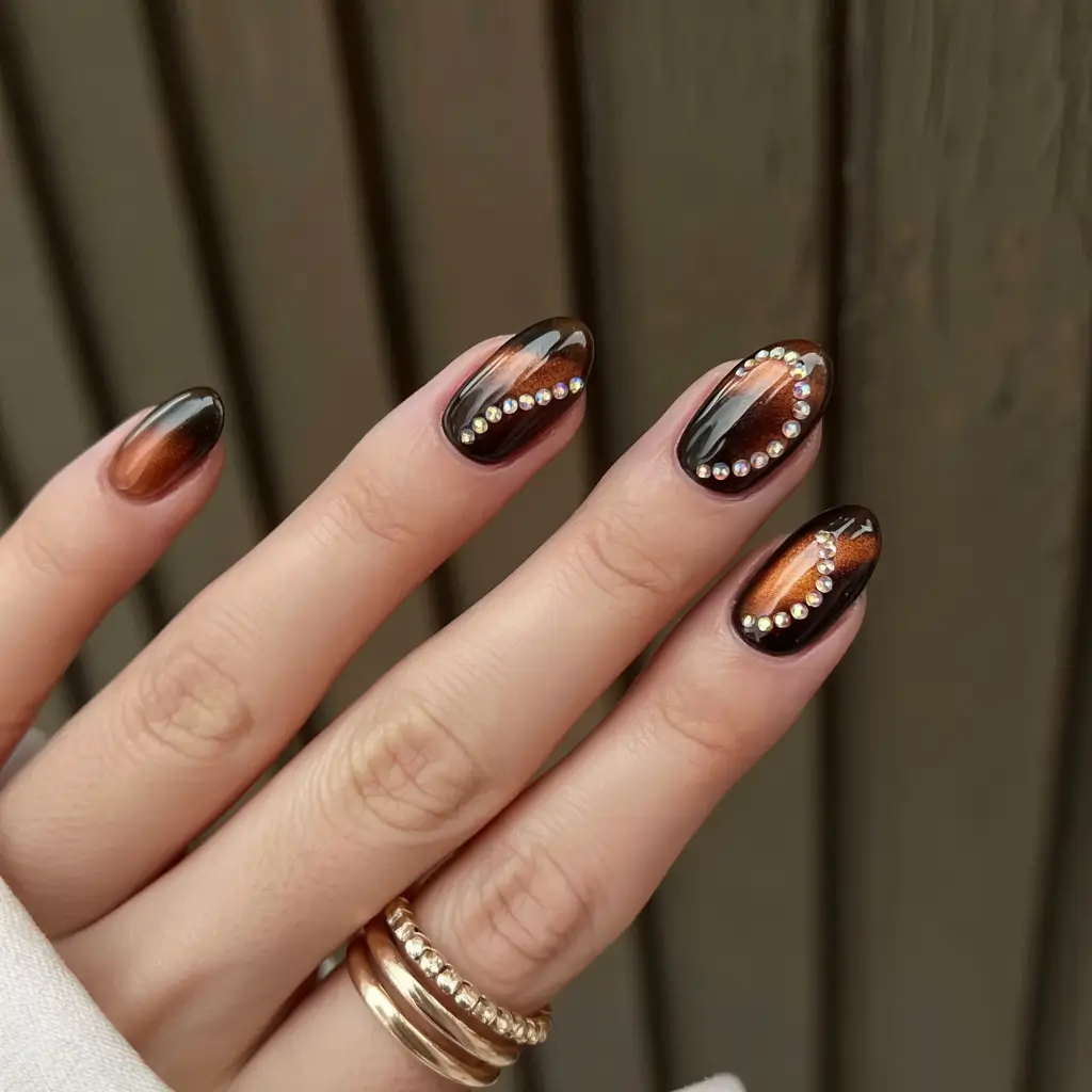fall/winter nails colors Tiger-Eye Glow with Crystal Accents