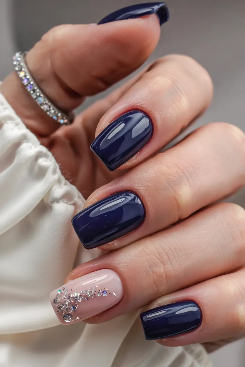 fall/winter nails colors Midnight Navy & Glitter Accent