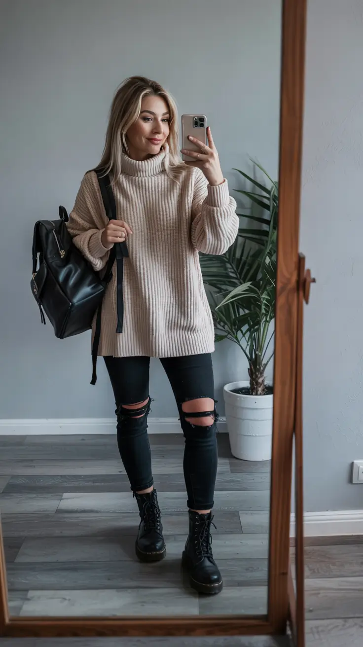 casual winter outfits for women Oversized Knit and Combat Boots