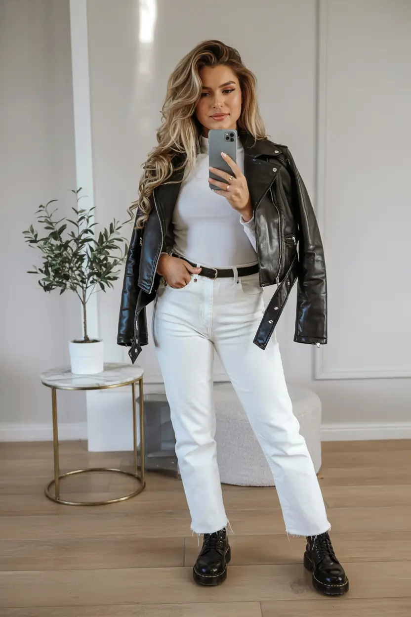 casual winter outfits for women Monochrome Contrast with Leather