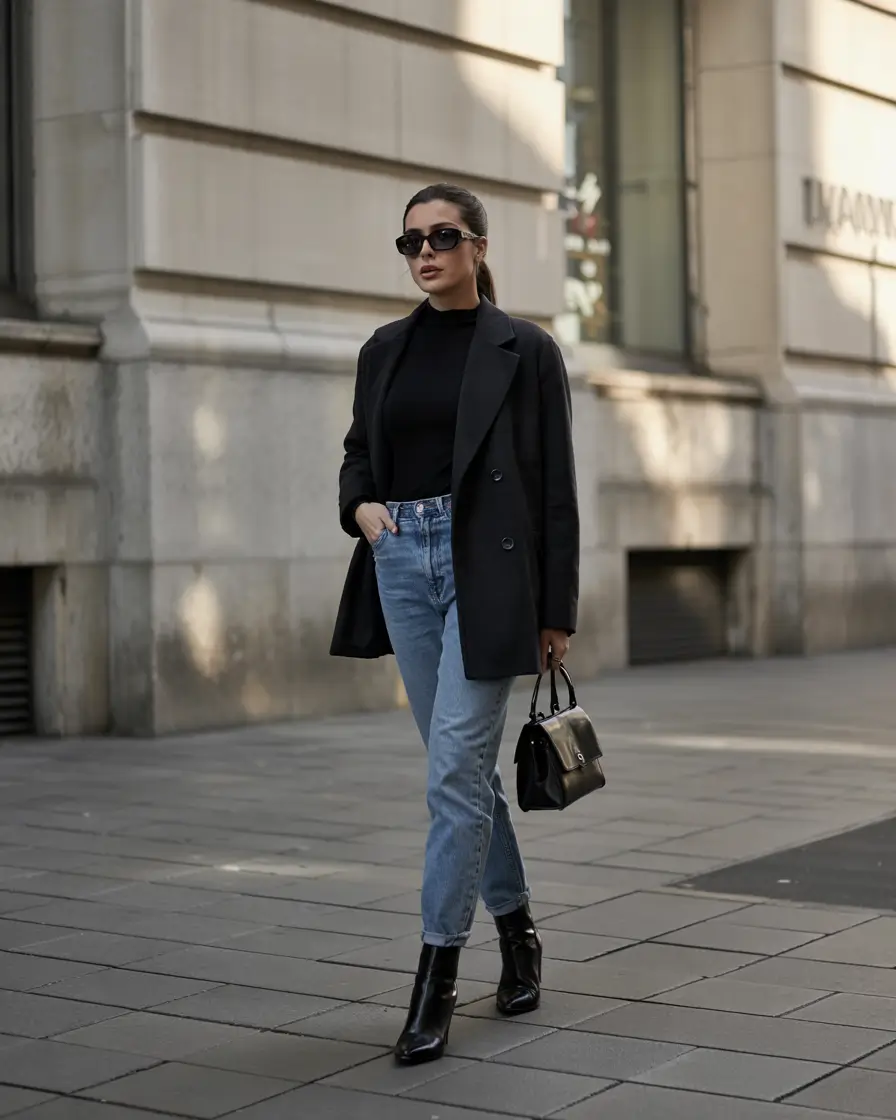 casual winter outfits for women Sharp Black Layers with Denim