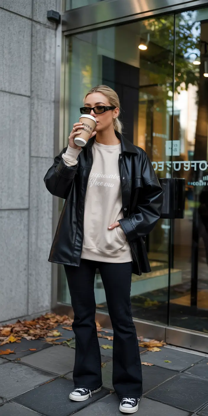 casual winter outfits for women Leather Shacket with Flared Denim