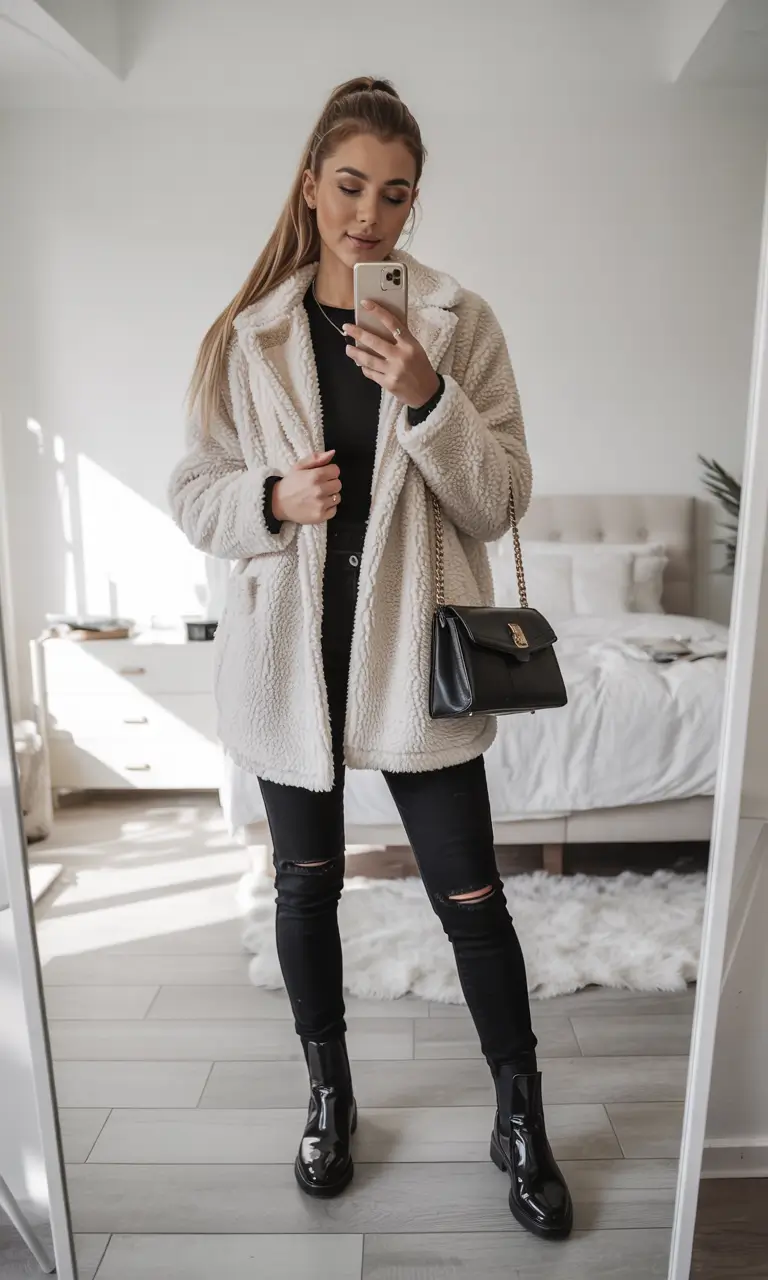 casual winter outfits for women Teddy Coat with Black Layers
