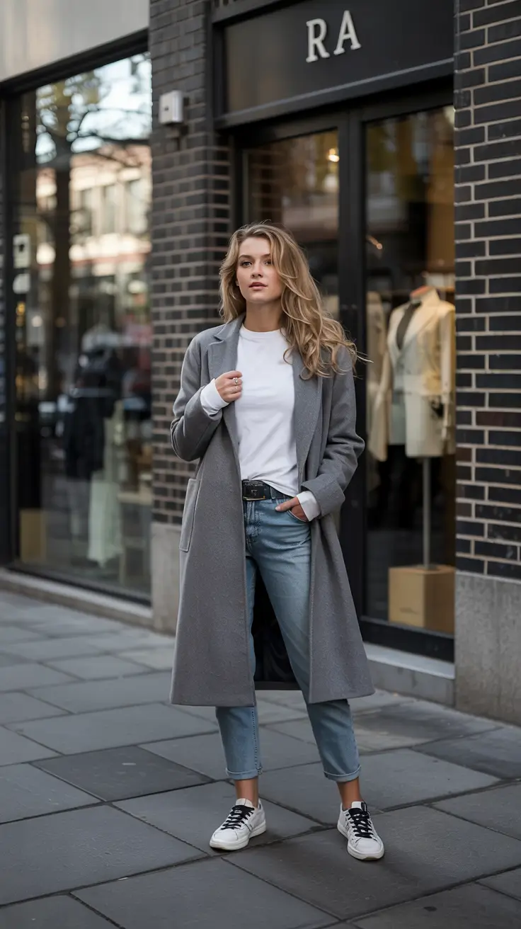 casual winter outfits for women Gray Coat and Sneakers Ease