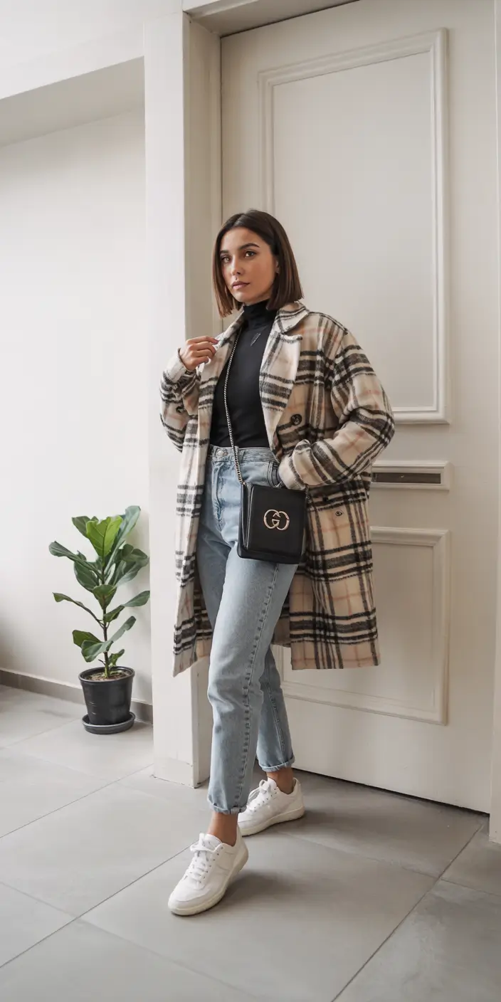 casual winter outfits for women Modern Plaid and Denim Balance