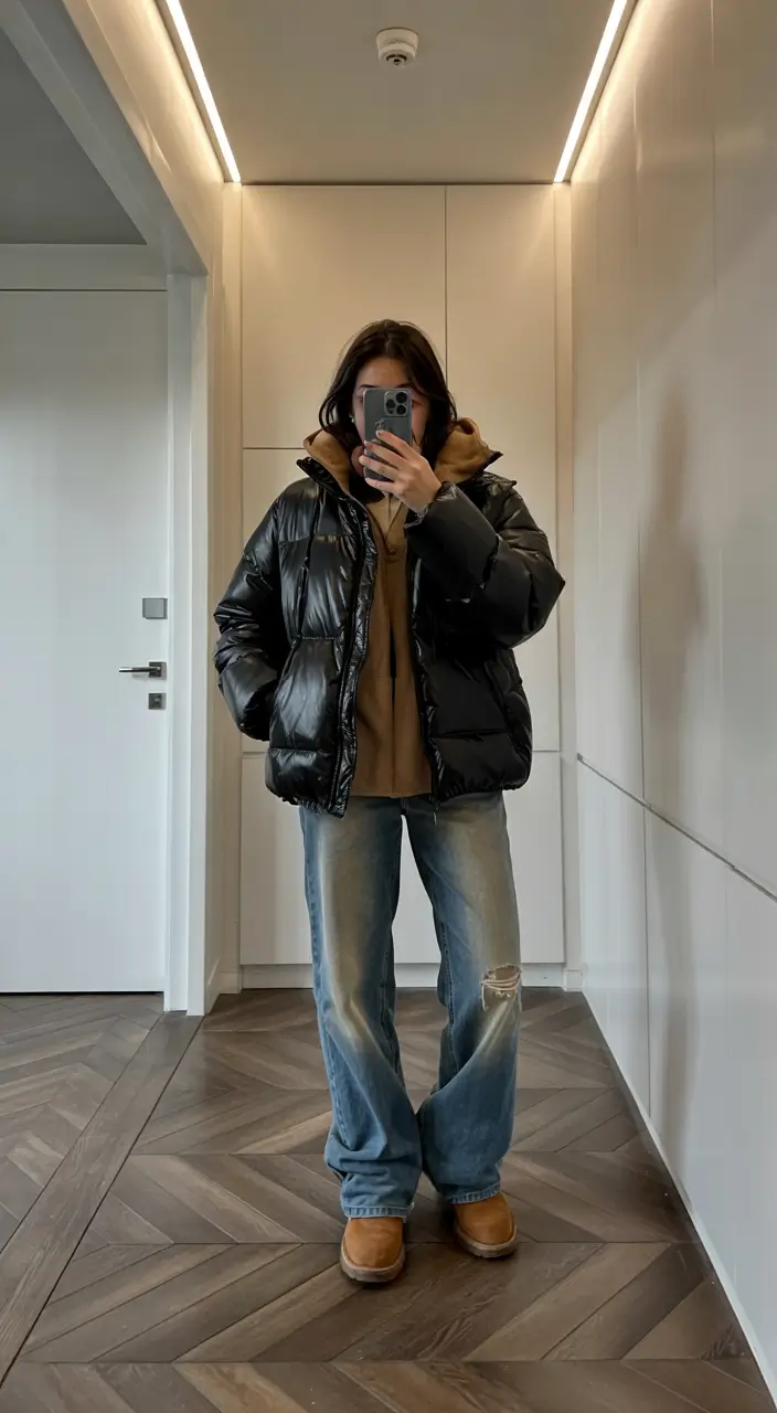 casual winter outfits for women Relaxed Denim and Puffer Balance