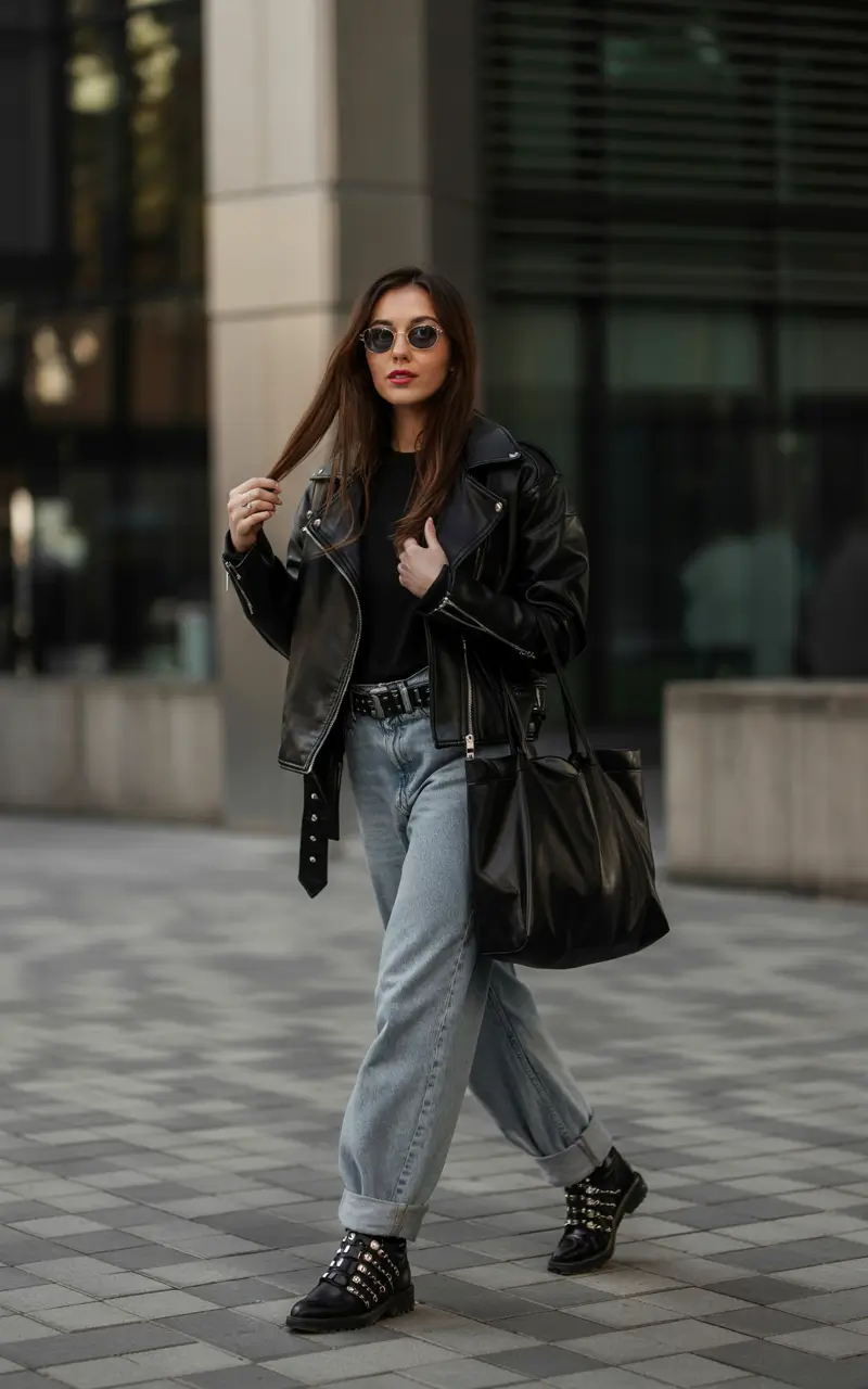 casual winter outfits for women Leather and Denim Power Duo