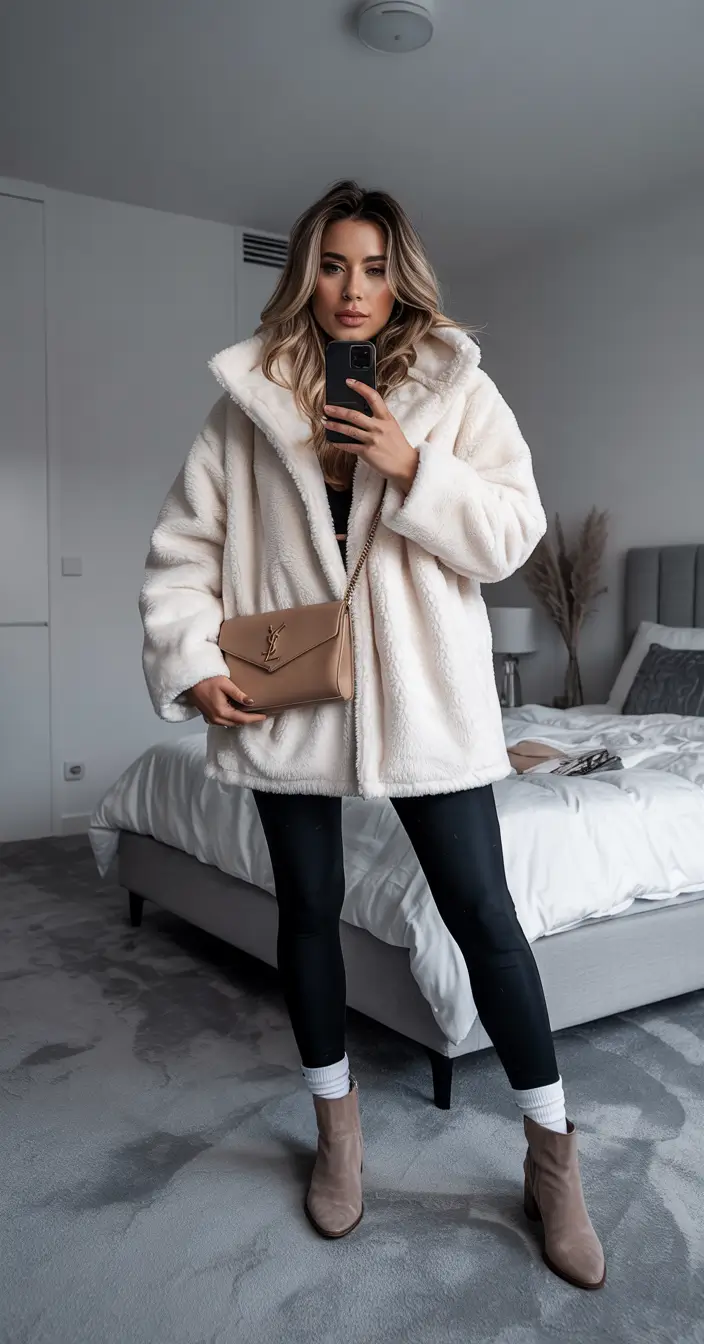 casual winter outfits for women Winter Whites with Sleek Leggings