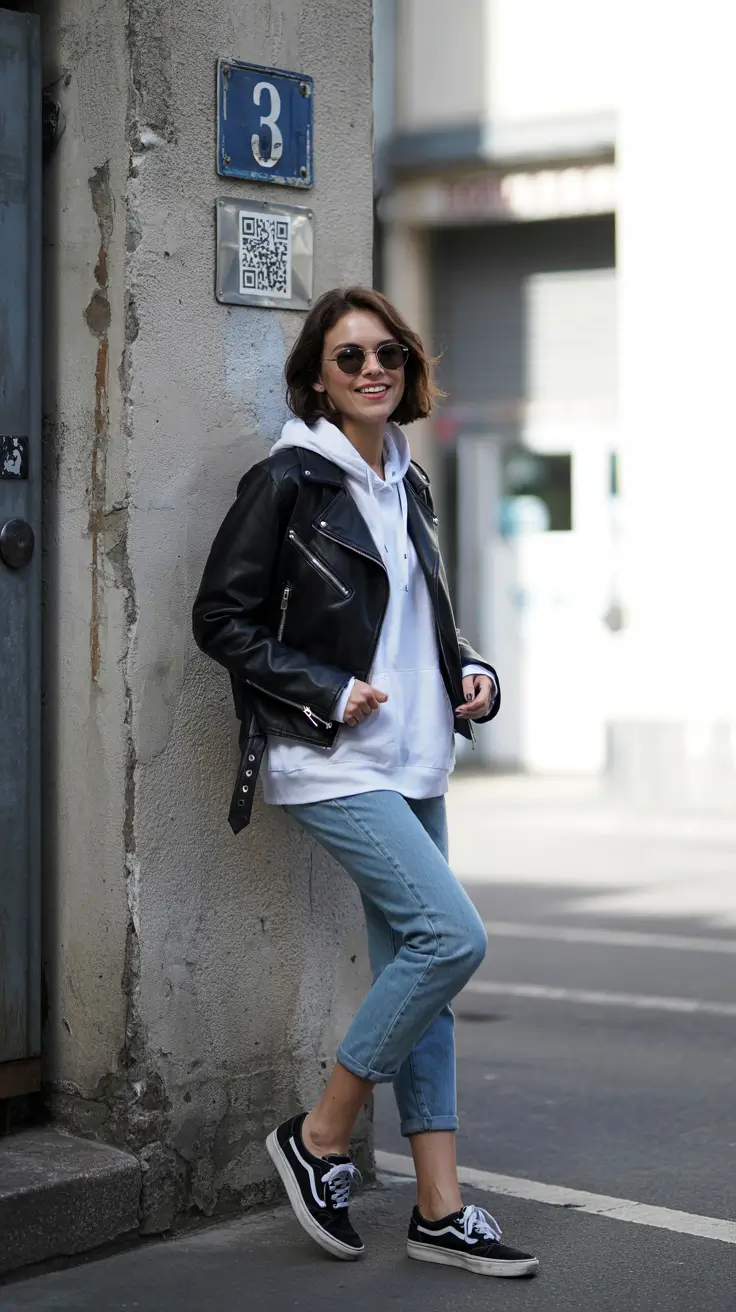 casual winter outfits for women Leather and Hoodie Combo