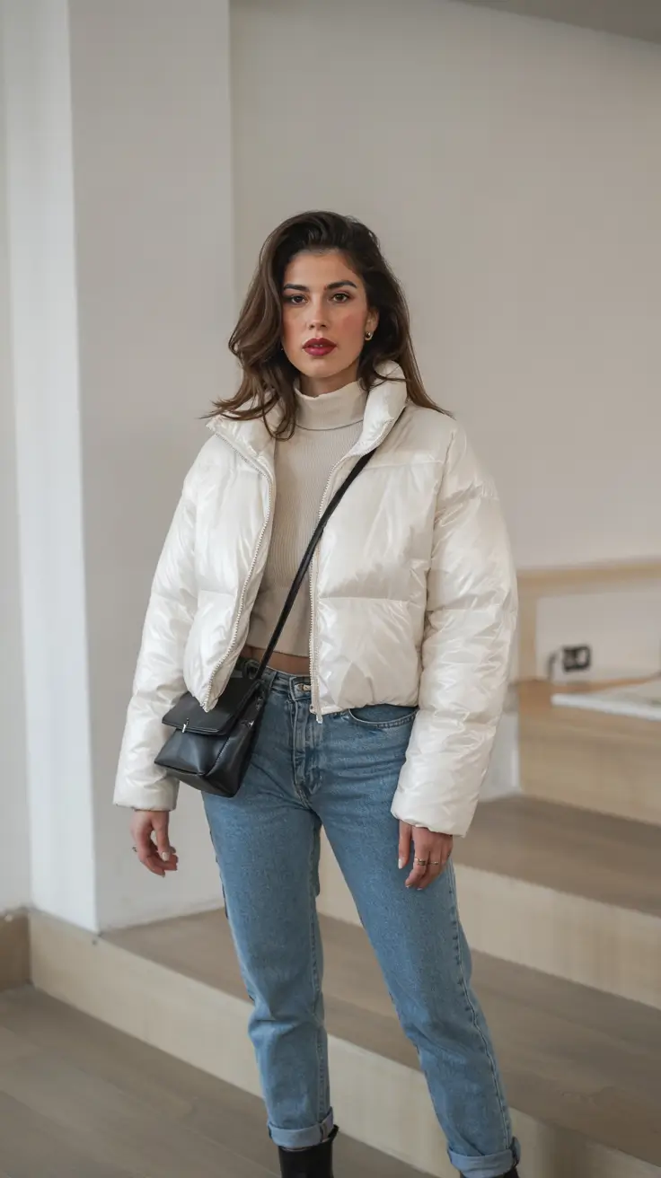 casual winter outfits for women Puffer and Denim Elegance