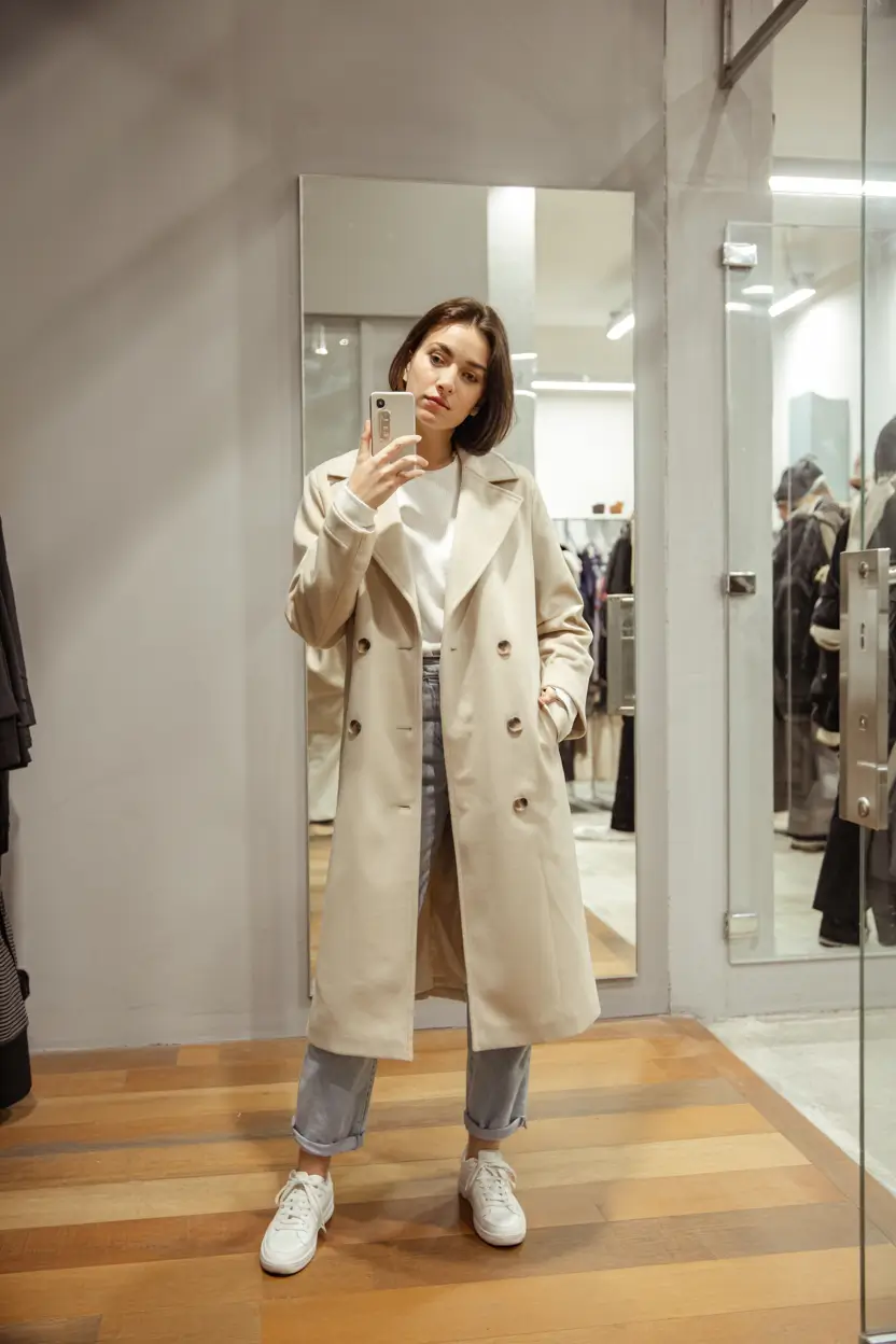 casual winter outfits for women Minimalist Trench and Sneakers