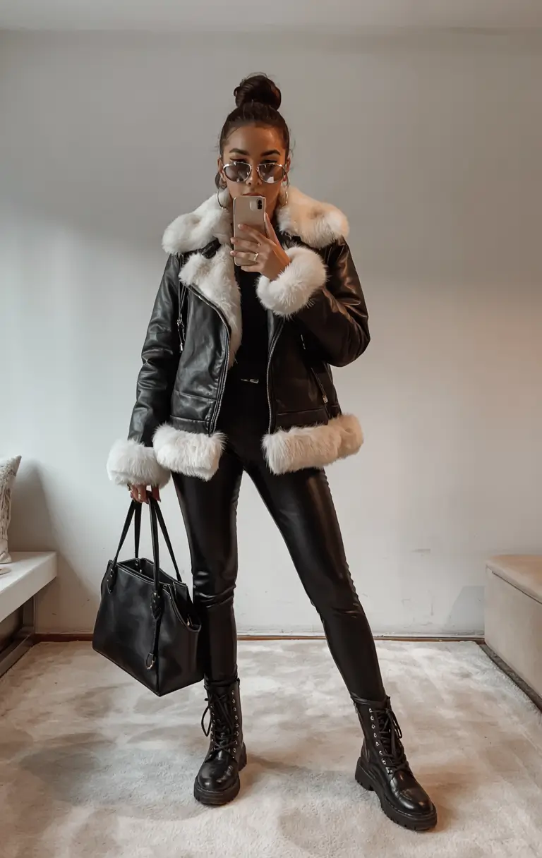 Classy Winter Outfits 2025 2026 New Ideas Edgy Leather with Shearling Trim