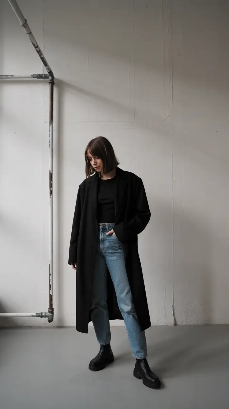 Classy Winter Outfits 2025 2026 New Ideas Minimalist Black Coat with Denim Ease