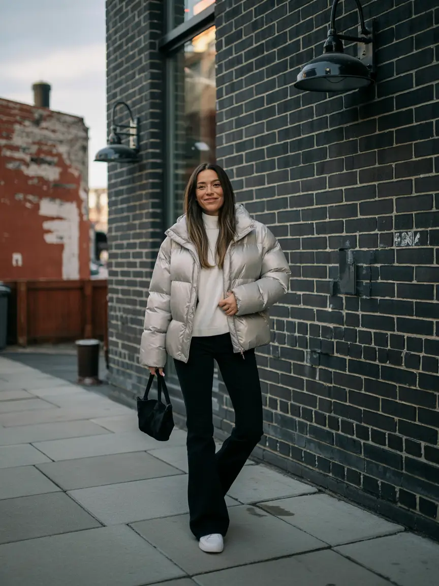 comfy winter outfits Monochrome with a Metallic Twist