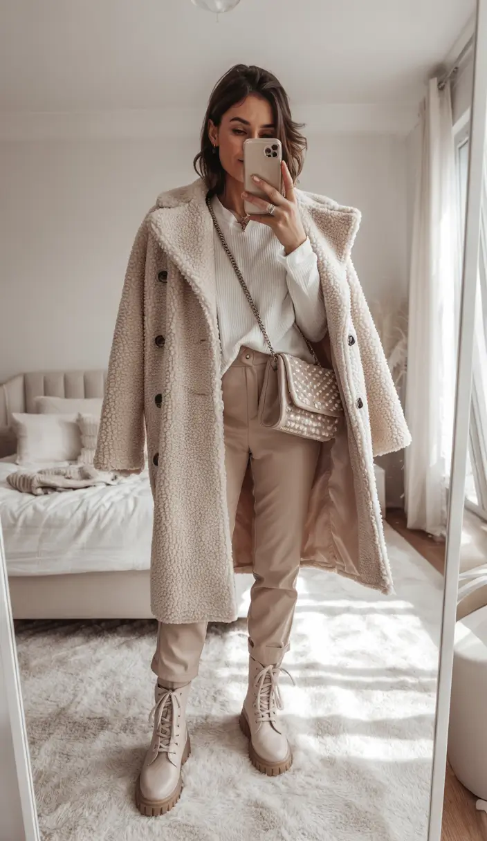 comfy winter outfits Warm Beige Teddy Coat