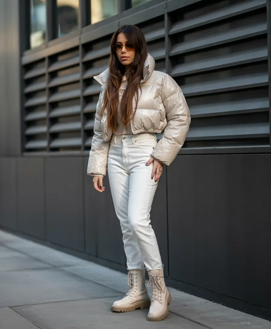 comfy winter outfits 2025 Neutral Puff & Sleek Denim Confidence