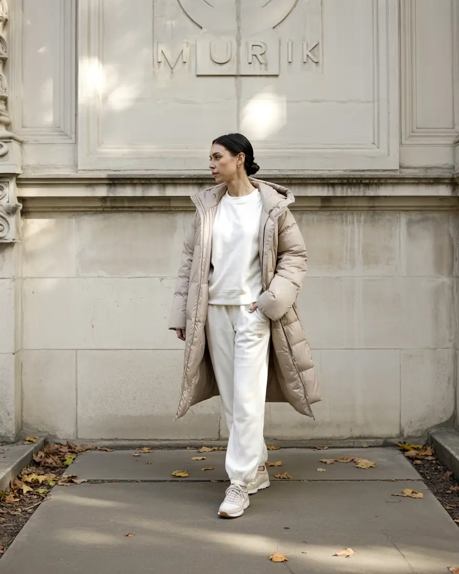 comfy winter outfits All-White Layers with a Puffer