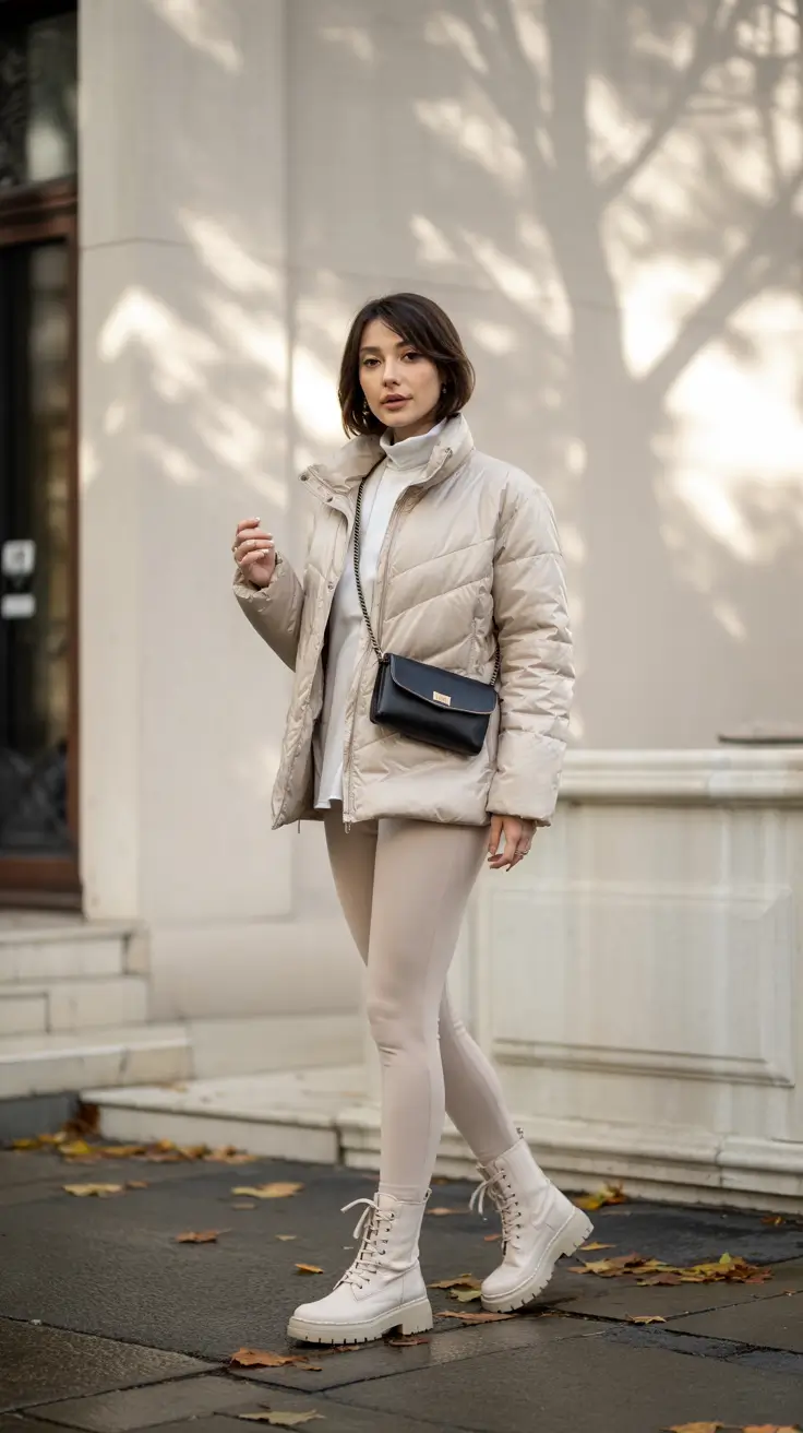 comfy winter outfits Neutral Puffer with Leggings and Boots