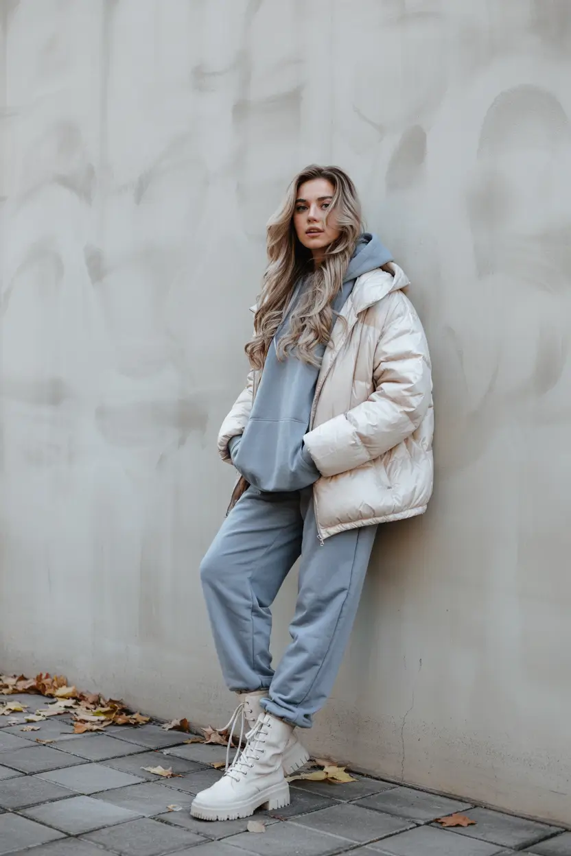 comfy winter outfits Oversized Hoodie Meets Puffer Comfort