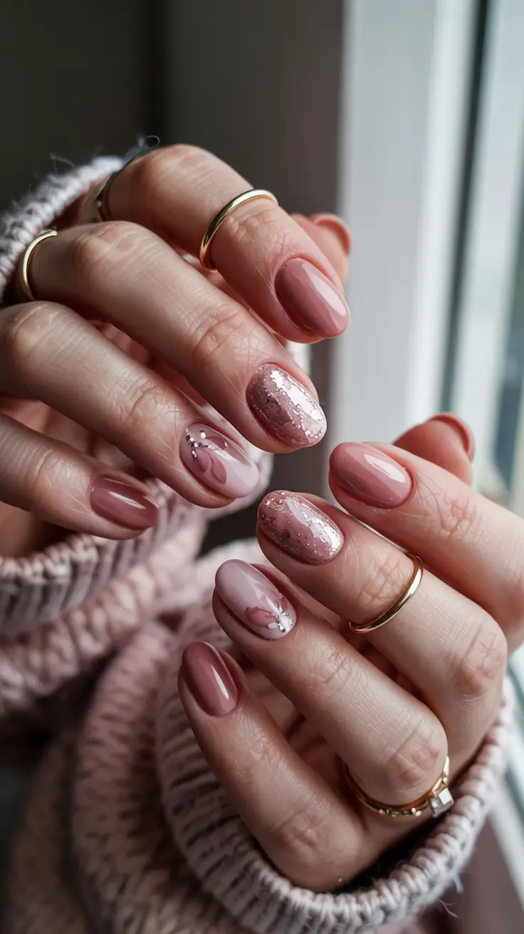 fall acrylic nails almond Blush Pink with Glitter and Petal Accents