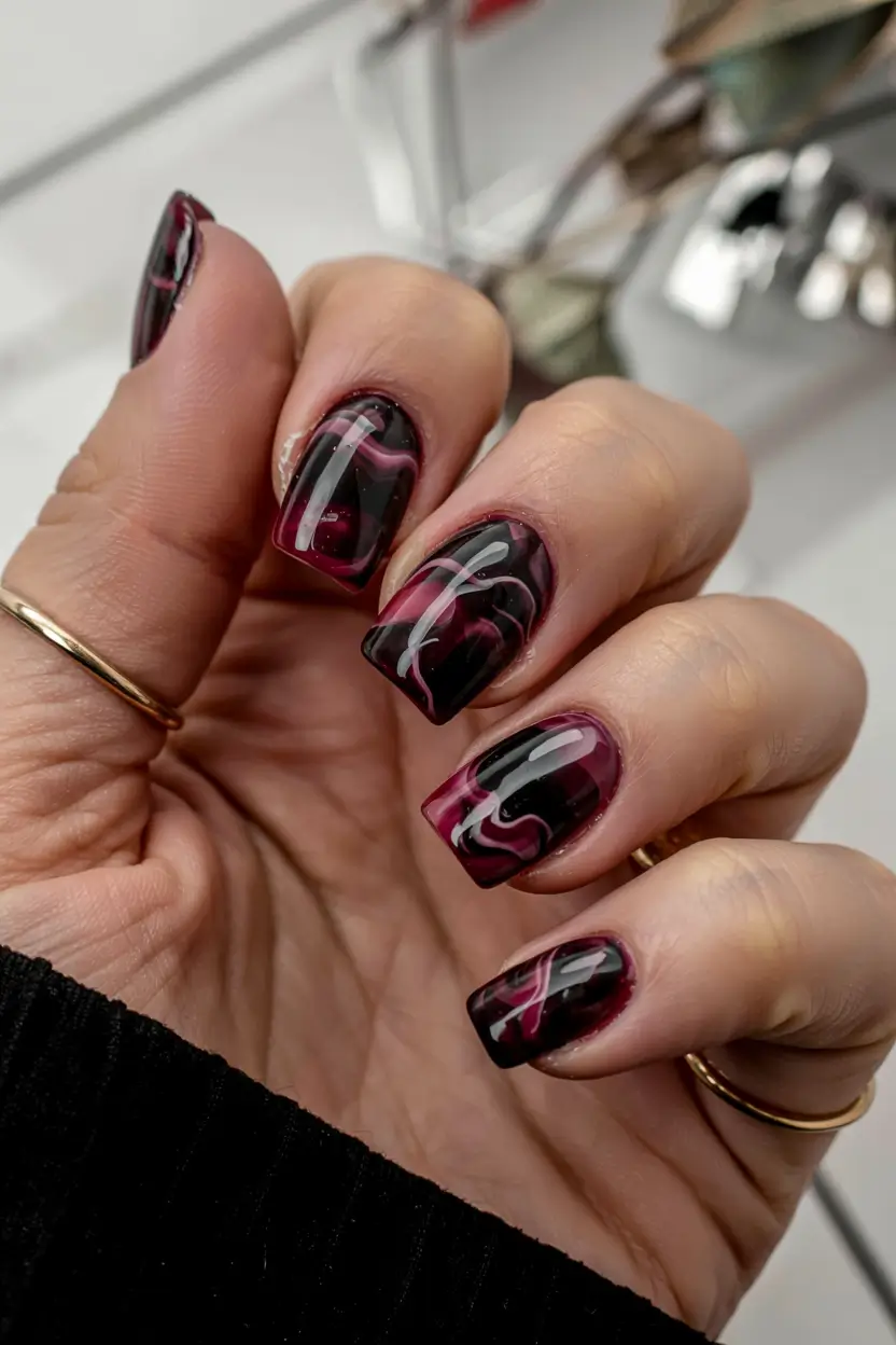 fall acrylic nails autumn coffin Dark Marble Swirl in Wine and Black