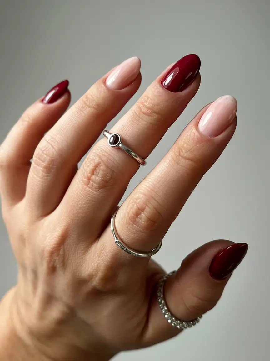 fall acrylic nails almond Two-Tone Nude and Burgundy