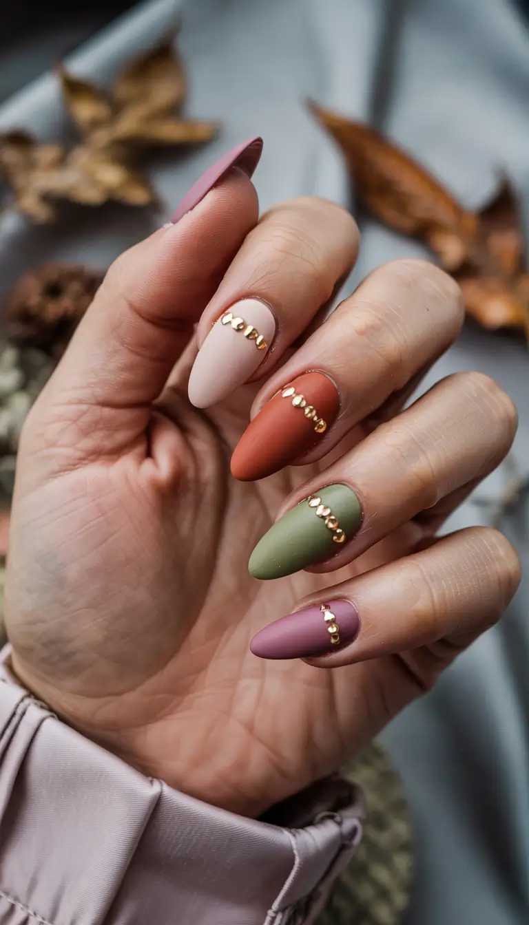 fall acrylic nails almond Autumn Jewel Tones with Matte Finish